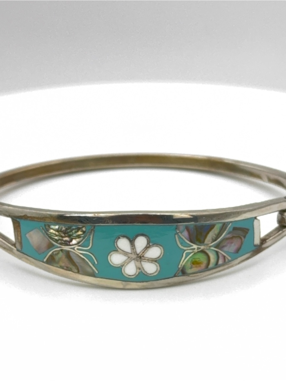 Turquoise Silvertone Floral Mother of Pearl Inlay  Bracelet - Mexico 🇲🇽